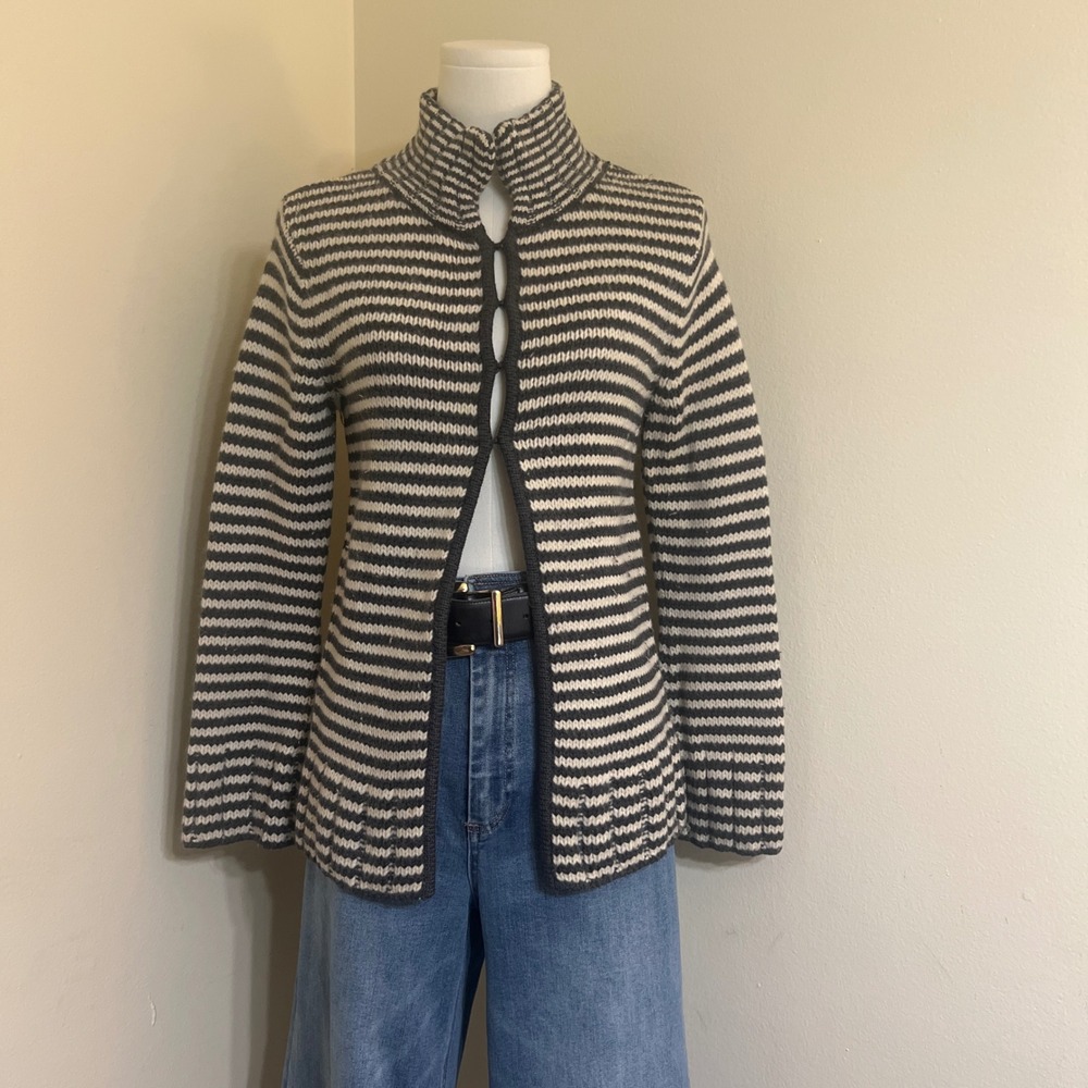 Talbots Merino Lambswool Angora Striped Cardigan Hook Eye Mock Neck Navy Cream S